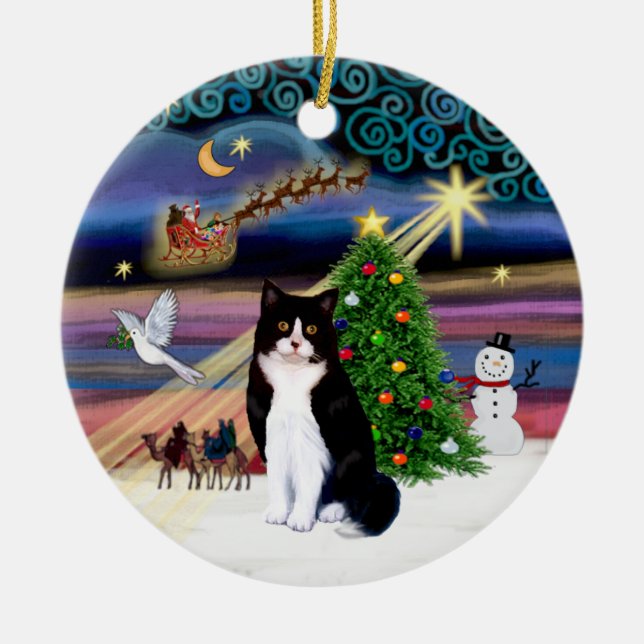 Xmas Magic - Black and White cat Ceramic Ornament (Front)
