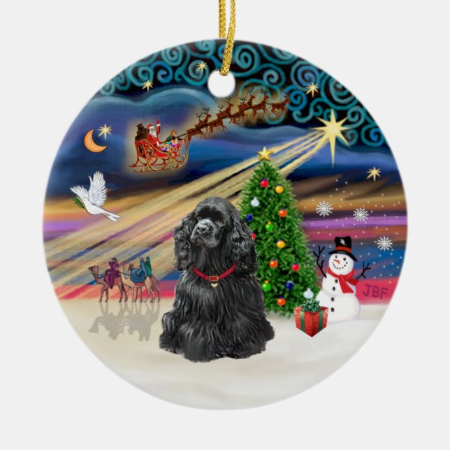 Xmas Magic - Black Cocker Spaniel Ceramic Ornament (Front)
