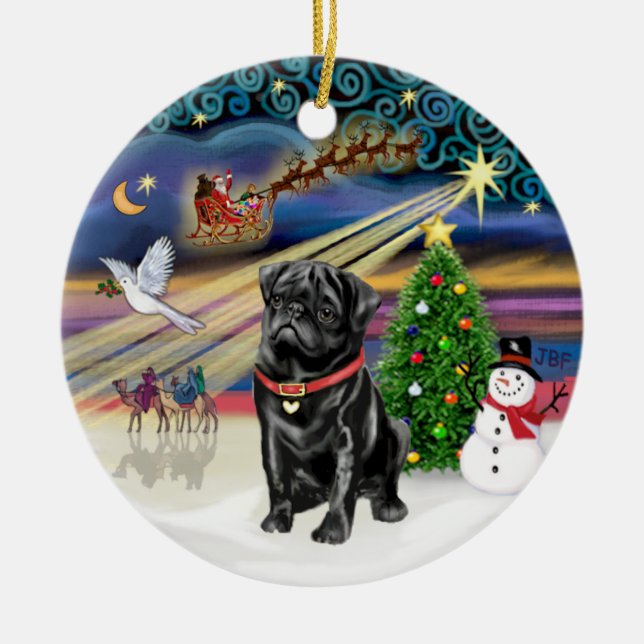 Xmas Magic - Black Pug (Red C2) Ceramic Ornament (Front)