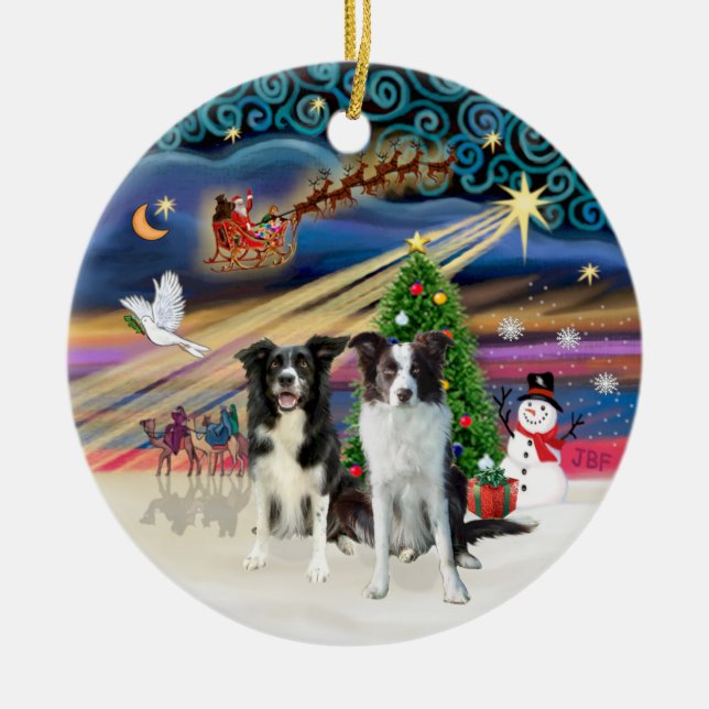 Xmas Magic - Border Collies (two-B-Brn) Ceramic Ornament (Front)