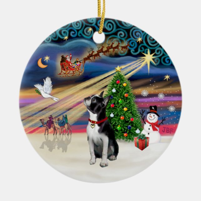 Xmas Magic - Boston Terrier (looking up) Ceramic Ornament (Front)