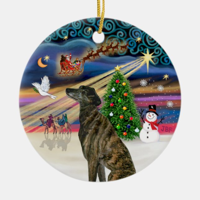 Xmas Magic - Brindle Greyhound Ceramic Ornament (Front)
