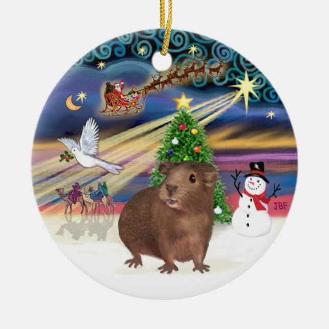 Xmas Magic - Brown Guinea Pig Ceramic Ornament (Front)