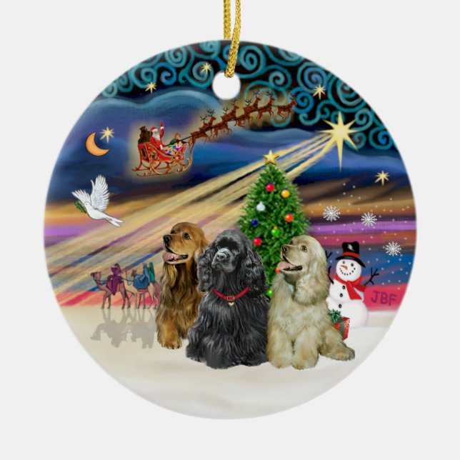 Xmas Magic - Cocker Spaniels (three) Ceramic Ornament (Front)