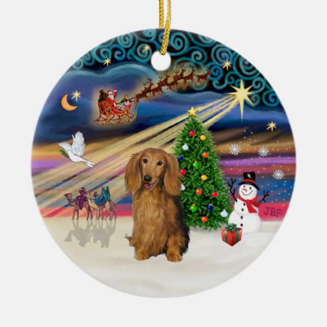 Xmas Magic - Dachshund (Lg Haired Sable) Ceramic Ornament (Front)
