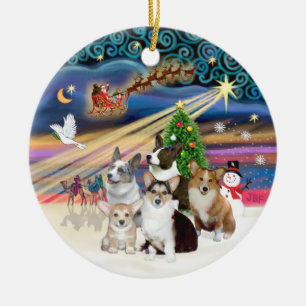 Xmas Magic - Five Welsh Corgis Ceramic Ornament