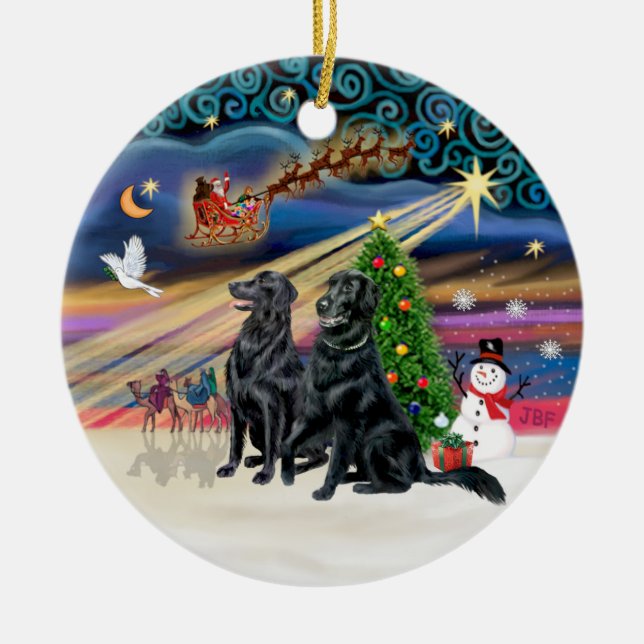 Xmas Magic - Flat Coated Retvrs (two) Ceramic Ornament (Front)