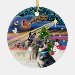 Xmas Magic - German Shepherds (two-2) Ceramic Ornament