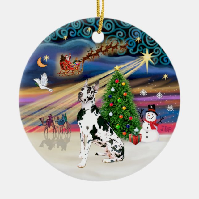 Xmas Magic - Harlequin Great Dane Ceramic Ornament (Front)