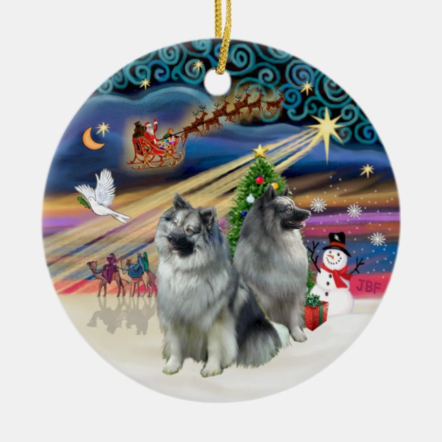 Xmas Magic - Keeshond (two) Ceramic Ornament (Front)