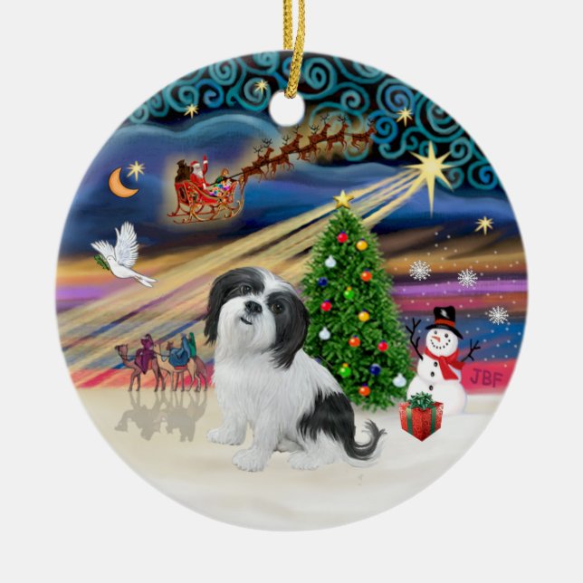 Xmas Magic - Lhasa Apso (black-white) Ceramic Ornament (Front)
