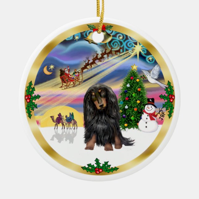 Xmas Magic - Long Haired (BT) Dachshund Ceramic Ornament (Front)
