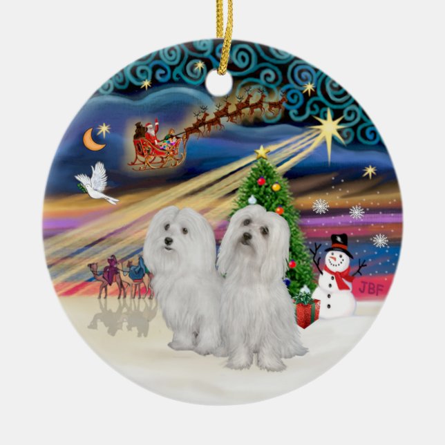 Xmas Magic - Maltese (TWO) Ceramic Ornament (Front)