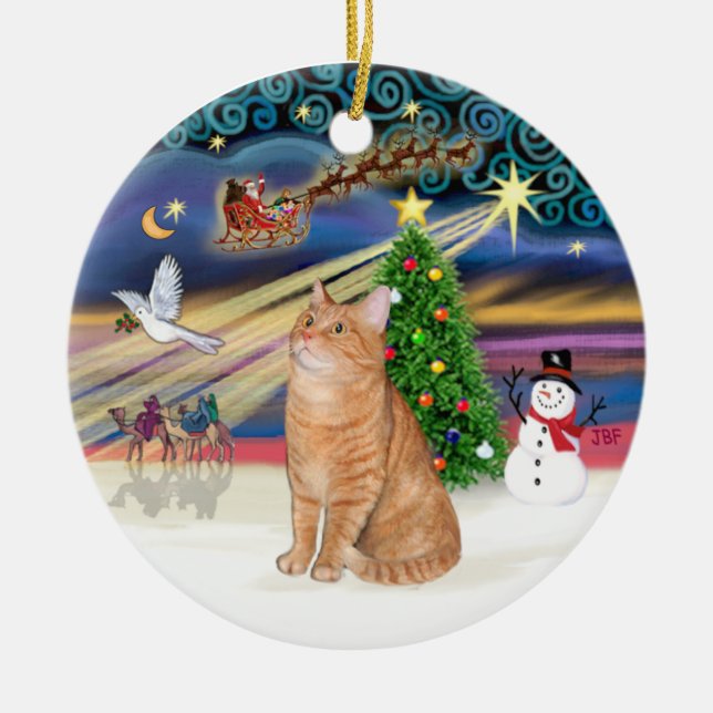 Xmas Magic - Orange tabby cat 40 Ceramic Ornament (Front)