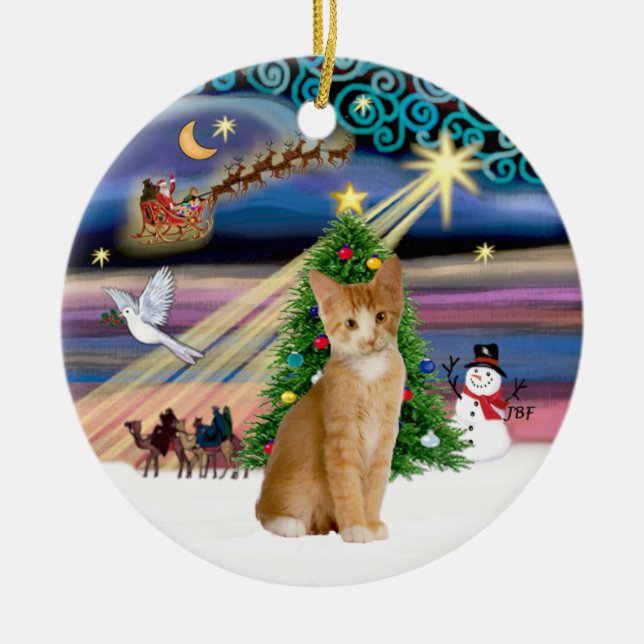 Xmas Magic - Orange - white tabby cat 40 Ceramic Ornament (Front)