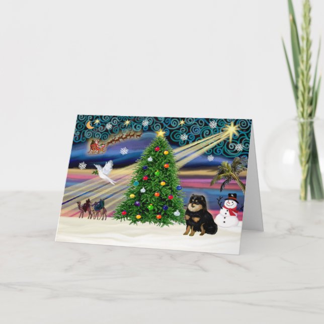 Xmas Magic - Pomeranian Black-Tan Holiday Card (Front)