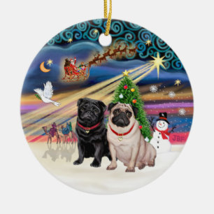 Xmas Magic - Pugs (TWO-fawn+black) Ceramic Ornament