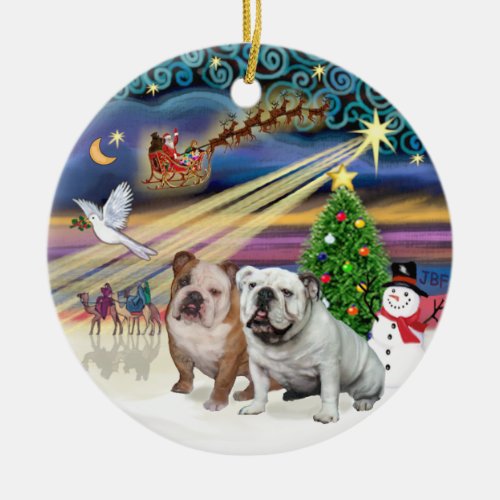 Xmas Magic R _ Two English Bulldogs Ceramic Ornament