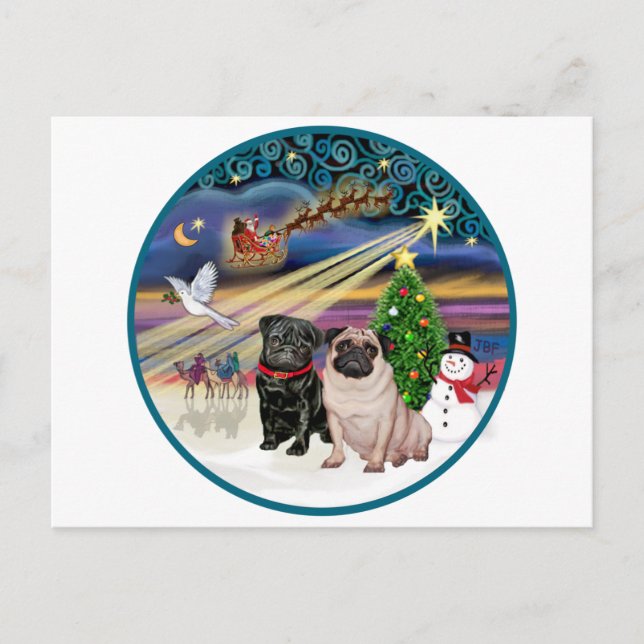 Xmas Magic (R) - Two Pugs (F + B) Holiday Postcard (Front)