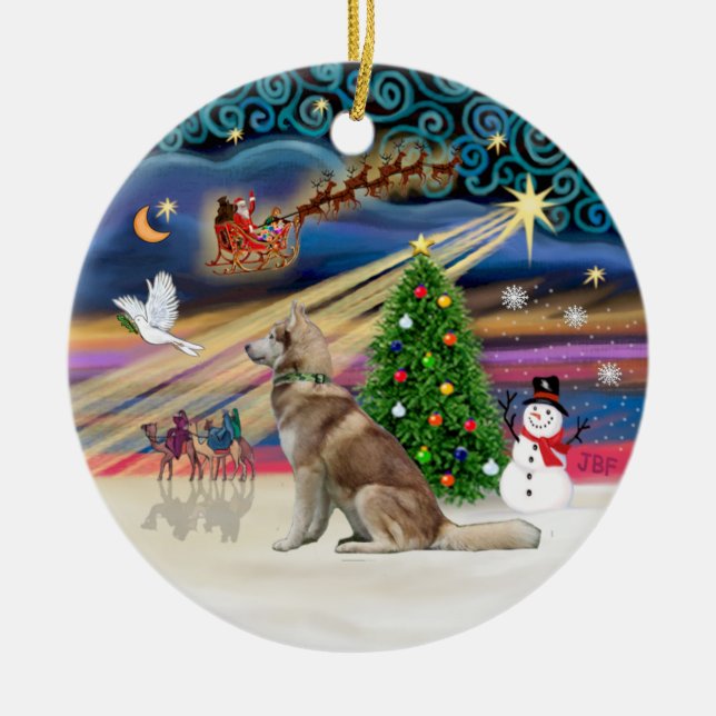 Xmas Magic - Red Siberian Husky Ceramic Ornament (Front)