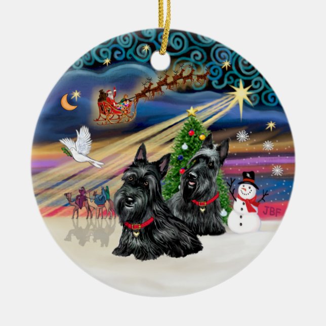 Xmas Magic - Scotties (TWO) Ceramic Ornament (Front)