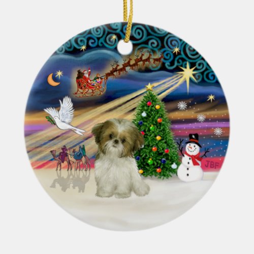 Xmas Magic _ Shih Tzu Puppy brown_white Ceramic Ornament