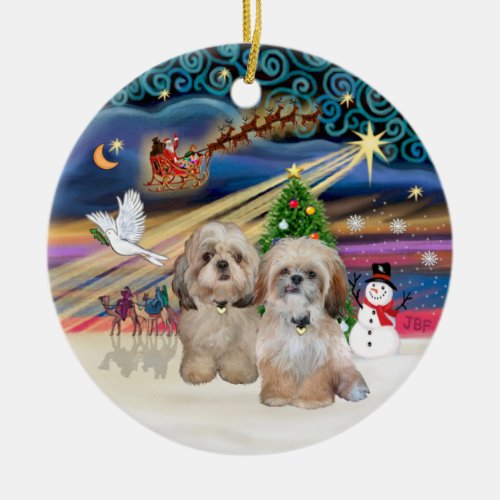 Xmas Magic _ Shih Tzu TWO _ PY Ceramic Ornament