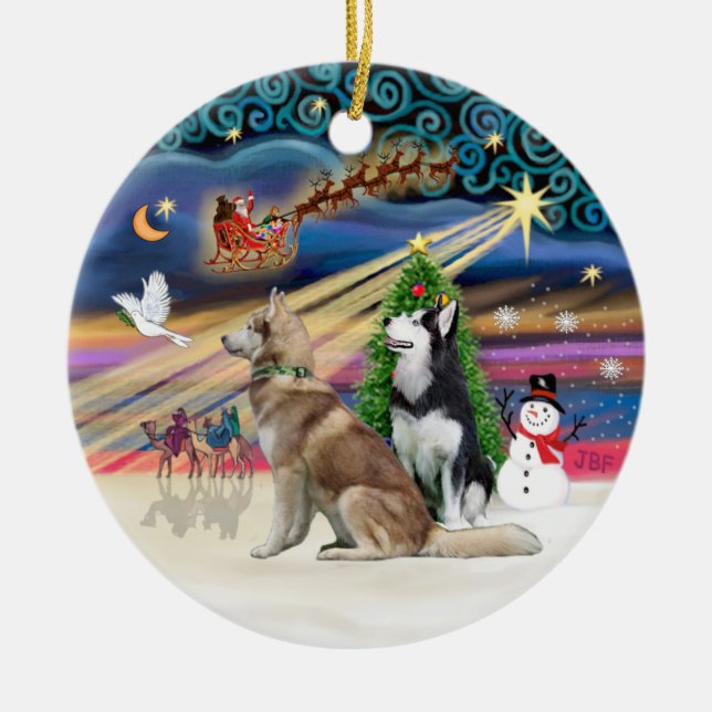 Xmas Magic - Siberian Huskys (Red + BW) Ceramic Ornament (Front)