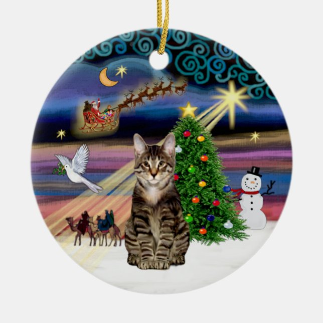 Xmas Magic - Tabby Tiger cat Ceramic Ornament (Front)