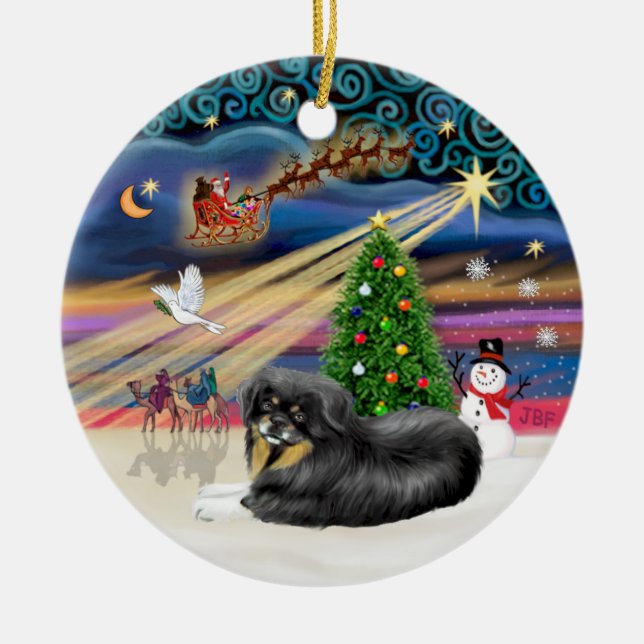 Xmas Magic - TibetanSpaniel (black-tan) Ceramic Ornament (Front)