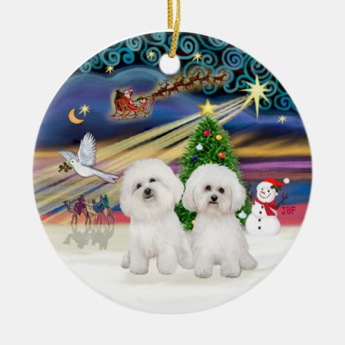 Xmas Magic _ Two Bichon Frise Ceramic Ornament