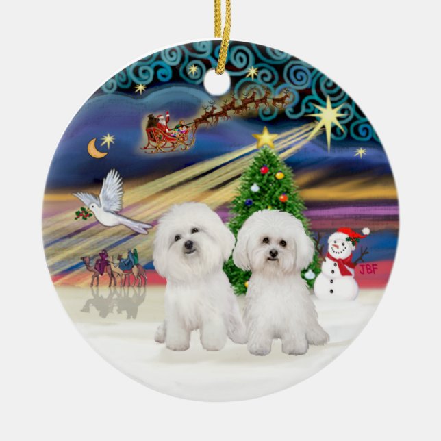 Xmas Magic - Two Bichon Frise Ceramic Ornament (Front)