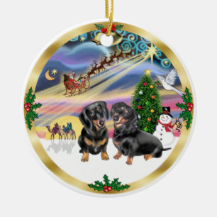 Xmas Magic - Two Black Dachshunds Ceramic Ornament