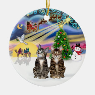 Xmas Magic - Two Brown Tabby cats Ceramic Ornament