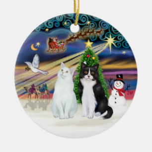 Xmas Magic - Two Cats - White + Black and White Ceramic Ornament