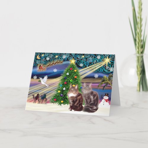 Xmas Magic _ Two Maine Coon cats Holiday Card