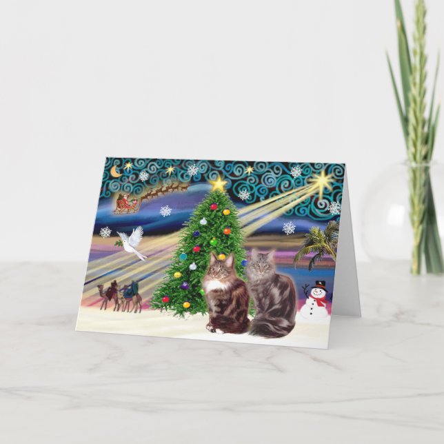 Xmas Magic - Two Maine Coon cats Holiday Card (Front)