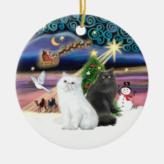 Xmas Magic - Two Persian Cats (white + black) Ceramic Ornament (Front)