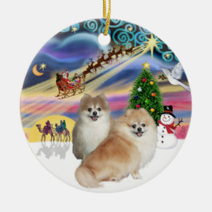 Xmas Magic - Two Pomeranians (WS+fawn) Ceramic Ornament