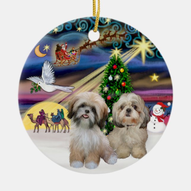 Xmas Magic - Two Shih Tzus (P2+Y) Ceramic Ornament (Front)