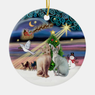 Xmas Magic - Two Sphynx cats Ceramic Ornament