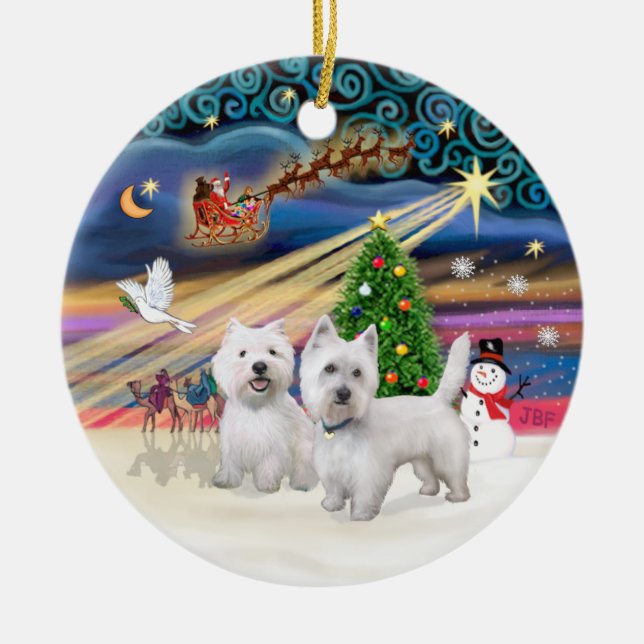 Xmas Magic - Two Westies Ceramic Ornament (Front)