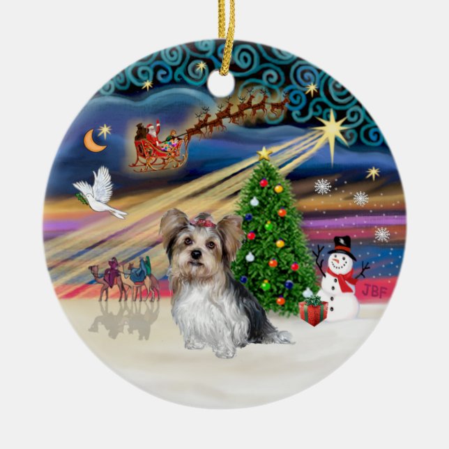 Xmas Magic - Yorkie (Biewer) Ceramic Ornament (Front)