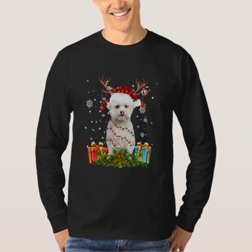 Xmas Maltese Dog Christmas Lights Santa Reindeer T_Shirt