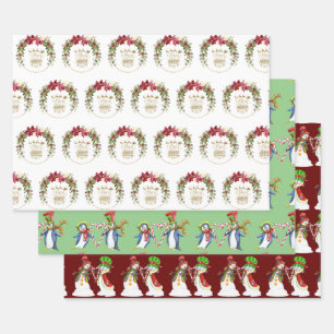 Xmas Merry And Bright Mrs. and Mr. Snowman Penguin Wrapping Paper Sheets