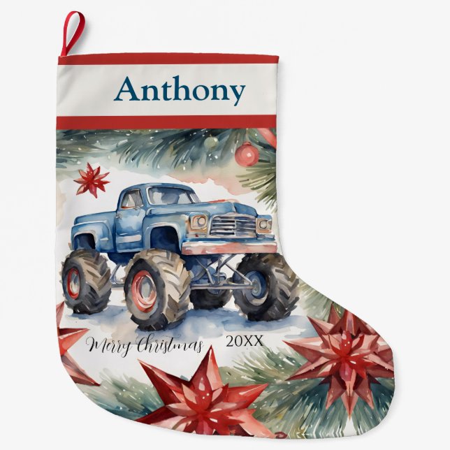 Xmas Monster Truck Boys Large Christmas Stocking (Front)