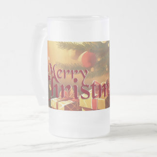 Xmas Motif, with Presents Under the Christmas Tree Frosted Glass Beer Mug
