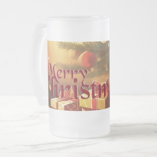 Xmas Motif with Presents Under the Christmas Tree Frosted Glass Beer Mug