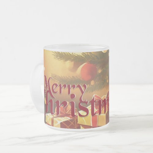 Xmas Motif with Presents Under the Christmas Tree Frosted Glass Coffee Mug