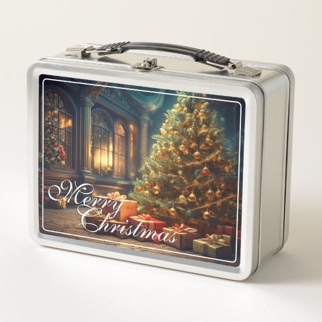 Xmas Motif with Presents Under the Christmas Tree  Metal Lunch Box (Front)